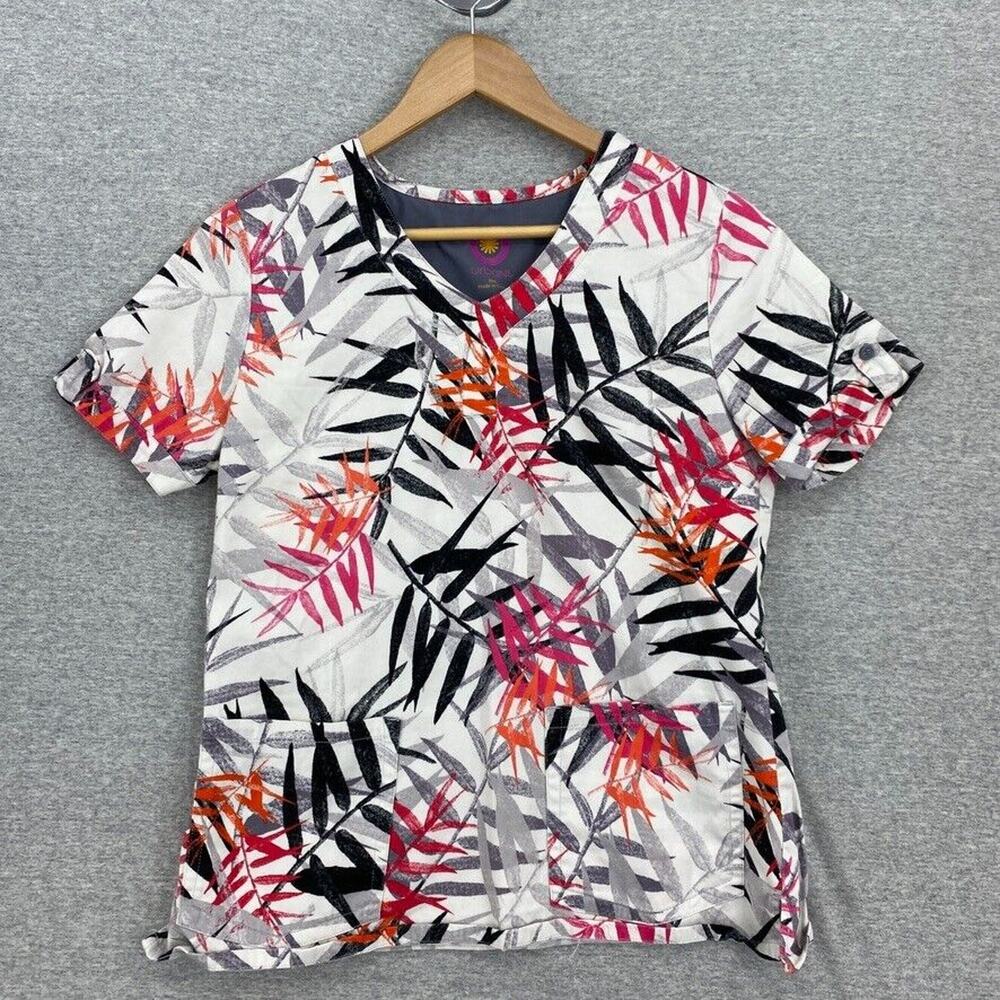 Urbane Scrub Top Womens SML Nursing Vet Medical Uniform Short Sleeve Leaves